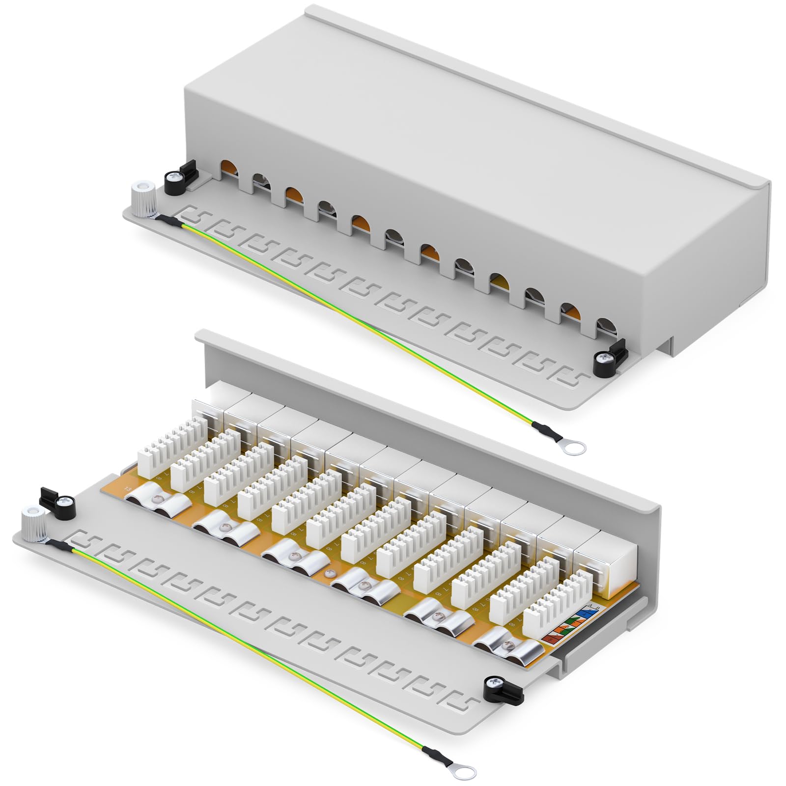 HB-DIGITAL 12-port CAT 6a LSA Panneau de brassage blindé pour bureau et montage mural - 12 prises RJ45 pour réseau Ethernet LAN avec câble de terre - Gris clair