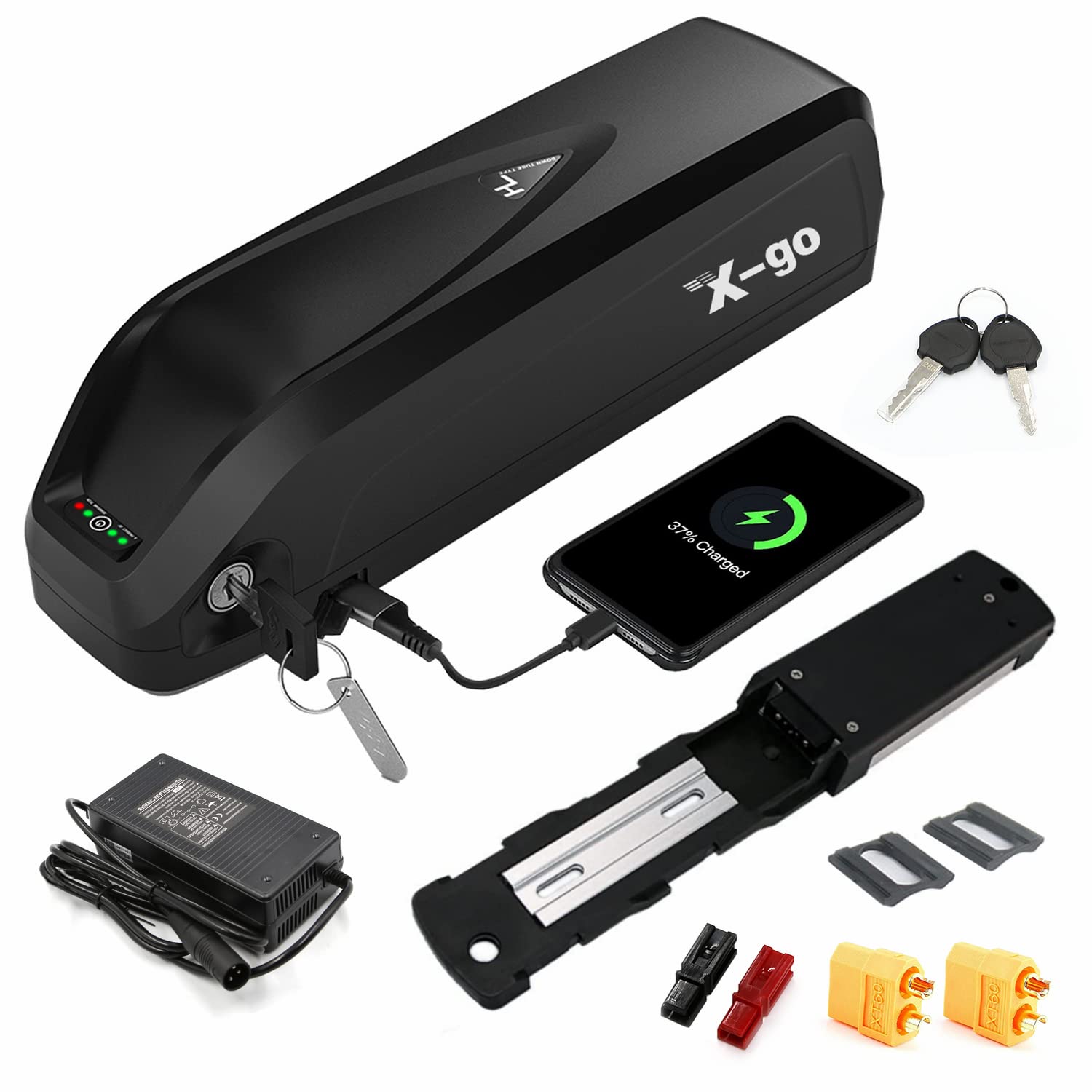 (UK Warehouse) X-go 48V 13Ah Electric Bike Battery – Large Capacity Lithium Ion with 5-Pin Base Plate, USB Port, Power Switch, Security Lock & Charger – Compatible with 150W -1000W Ebike Motors