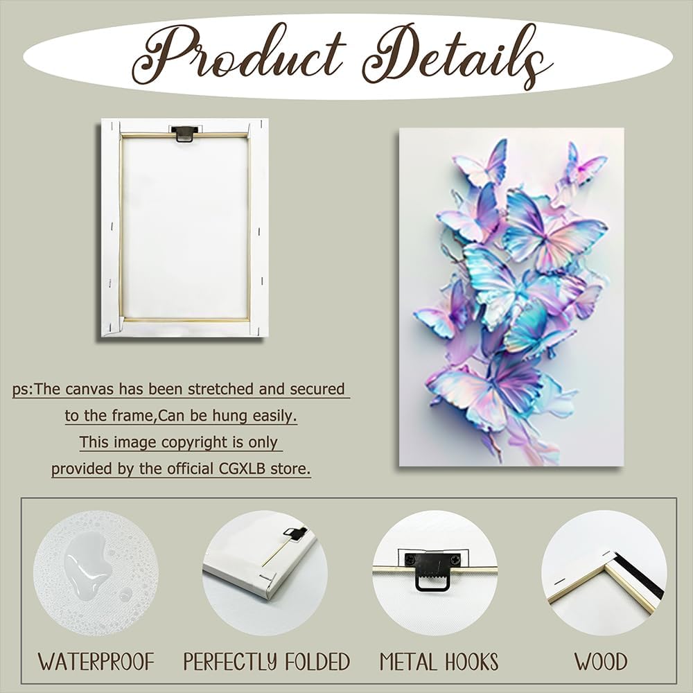 CGXLB Butterfly Wall Art Blue Purple Butterflies Painting Pictures Dreamy Bedroom Decor for Nursery Girls Room Spa Bedroom 12"x18"