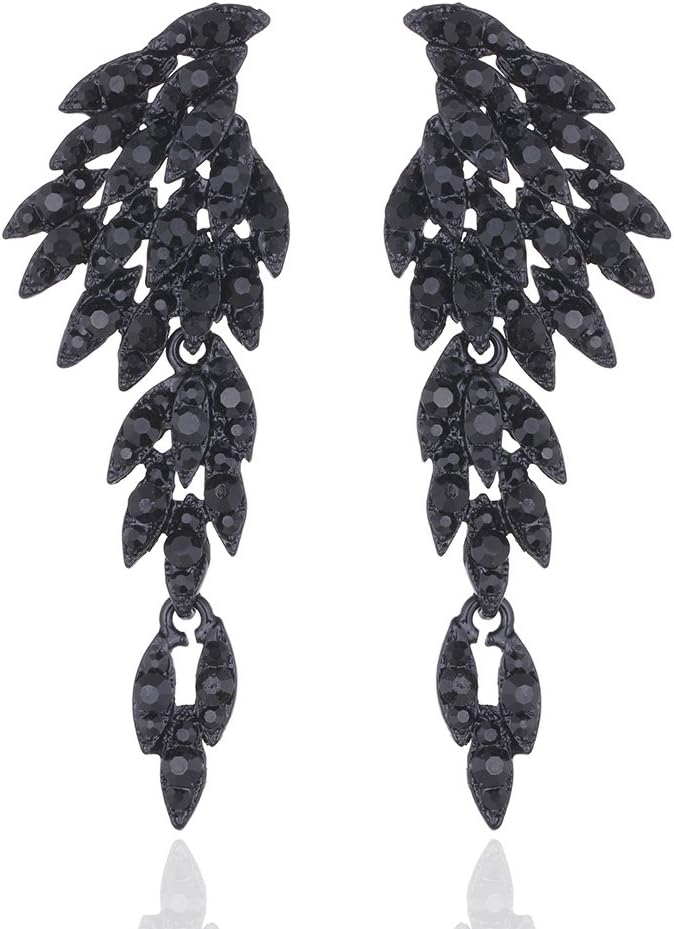 mecresh Retro Statement Angel Wings Wedding Crystal Rhinestone Cluster Chandelier Hollow Dangle Earrings Clip for Women's Day