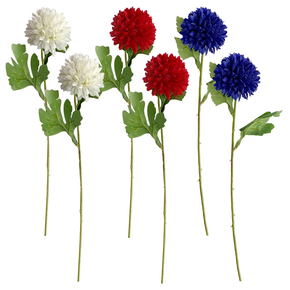 Chrysanthèmes artificiels d'extérieur JIHUOO lot de 6 grandes fleurs boules bleu blanc rouge