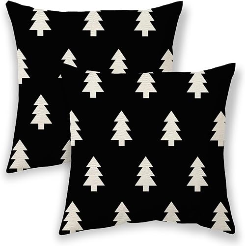 BETGINY Fundas de almohada de Navidad de 18 x 18 pulgadas, 2 unidades, diseño de árboles blancos y negros para sofá, decoración de Navidad de