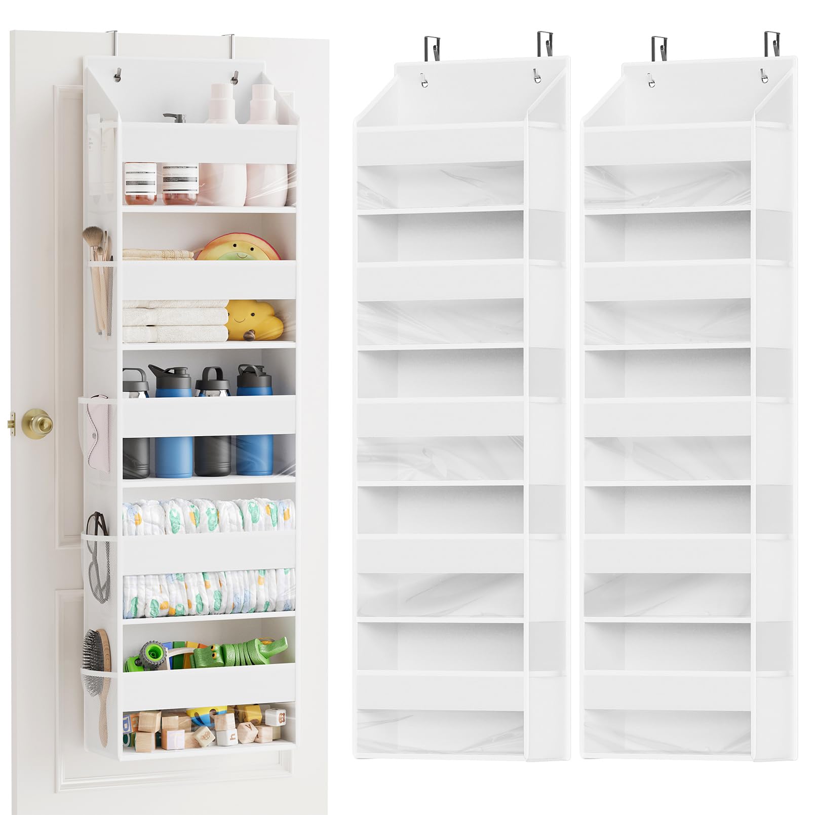 SpaceAid 2 Pack Over The Door Organizer with 5 Large Pockets and 10 Mesh Side Pockets, 5 Layers Door Organizer Hanging with Clear Window for Bedroom, Bathroom, Pantry and Nursery, White