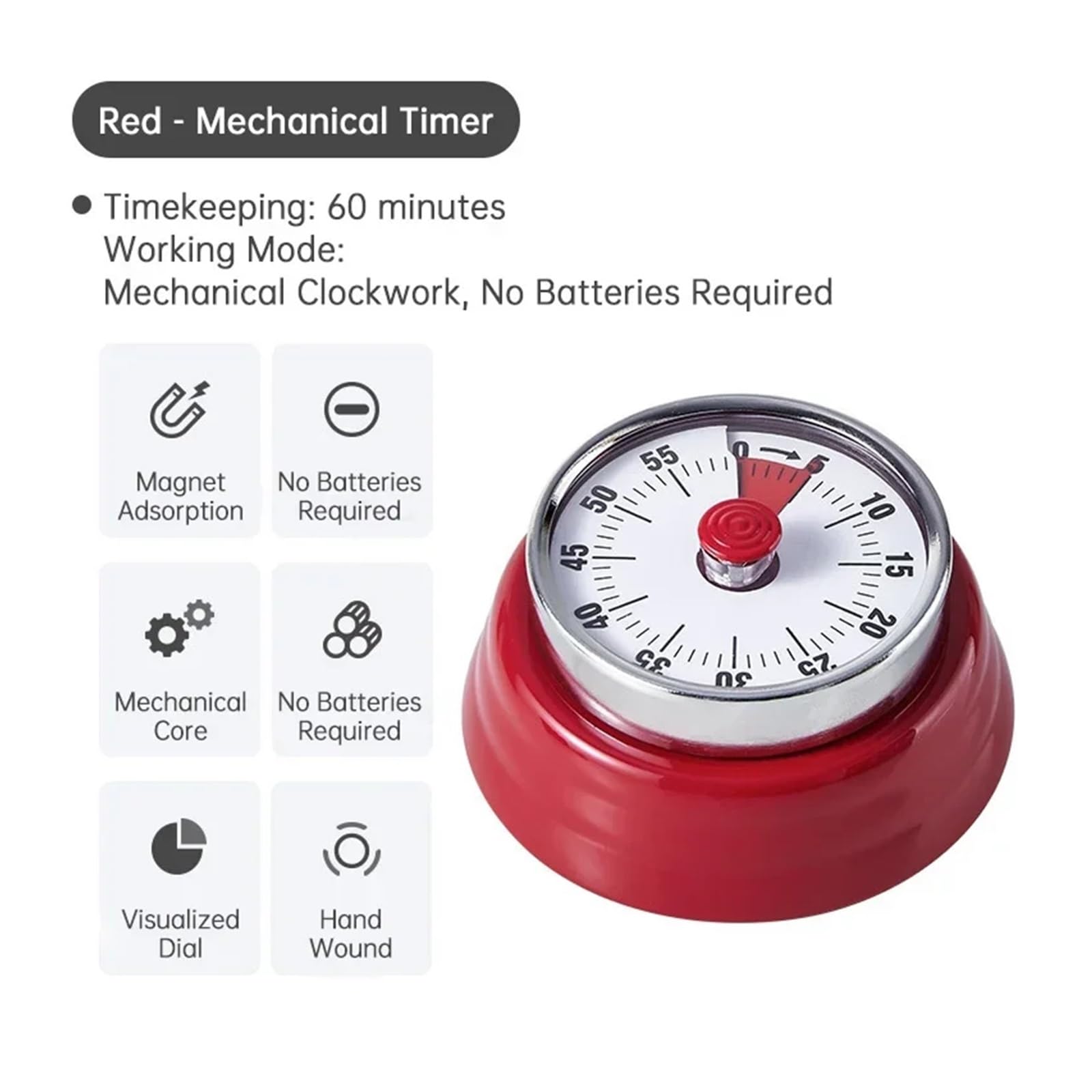 Outil de Gestion du Temps, Minuteur de Cuisine mécanique, minuteur Rappel, réveil à Heure(Red)