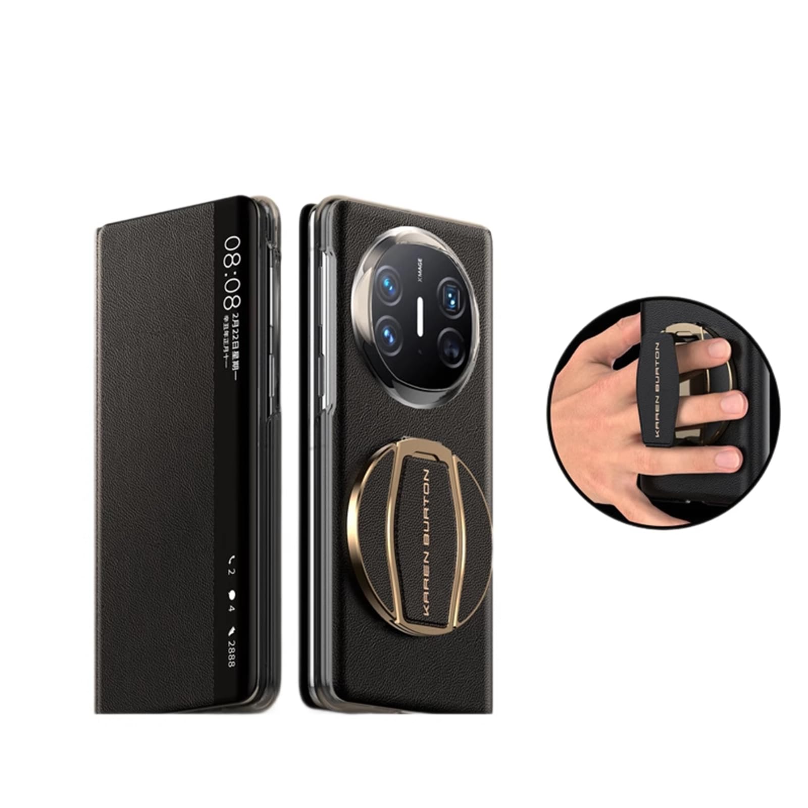 Etui do Huawei Mate X6, z przezroczystym okienkiem z klapką z prawdziwej skóry etui na nadgarstek składany pasek na nadgarstek luksusowa podstawka, czarny, matowy X6