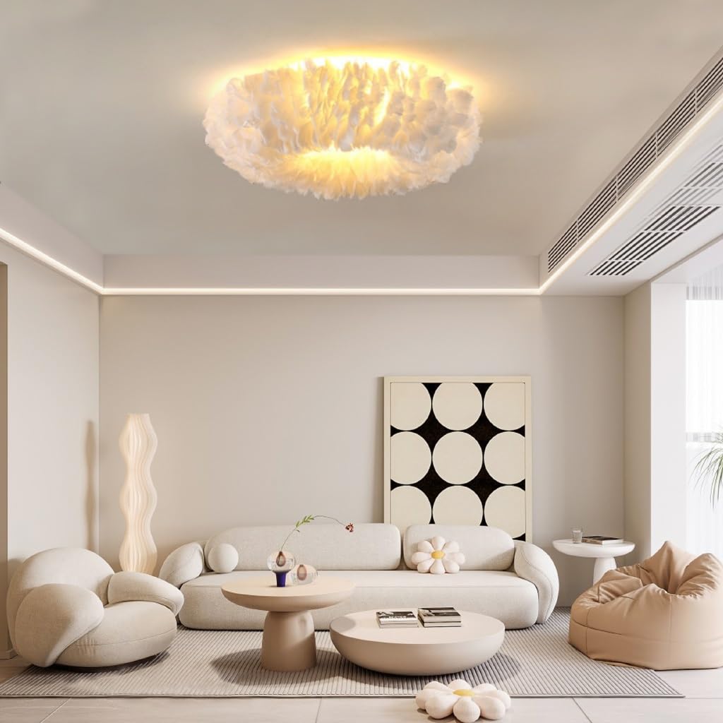 Lampa Sufitowa Nowoczesna Z Abażurem Z Białymi Piórami - Przytulna Aranżacja Ze Ściemniaczem E27 - Oświetlenie Sufitowe Do Sypialni/Salonu Dziecięcego - Stylowa Dekoracja Wnętrz Domowych & Resta