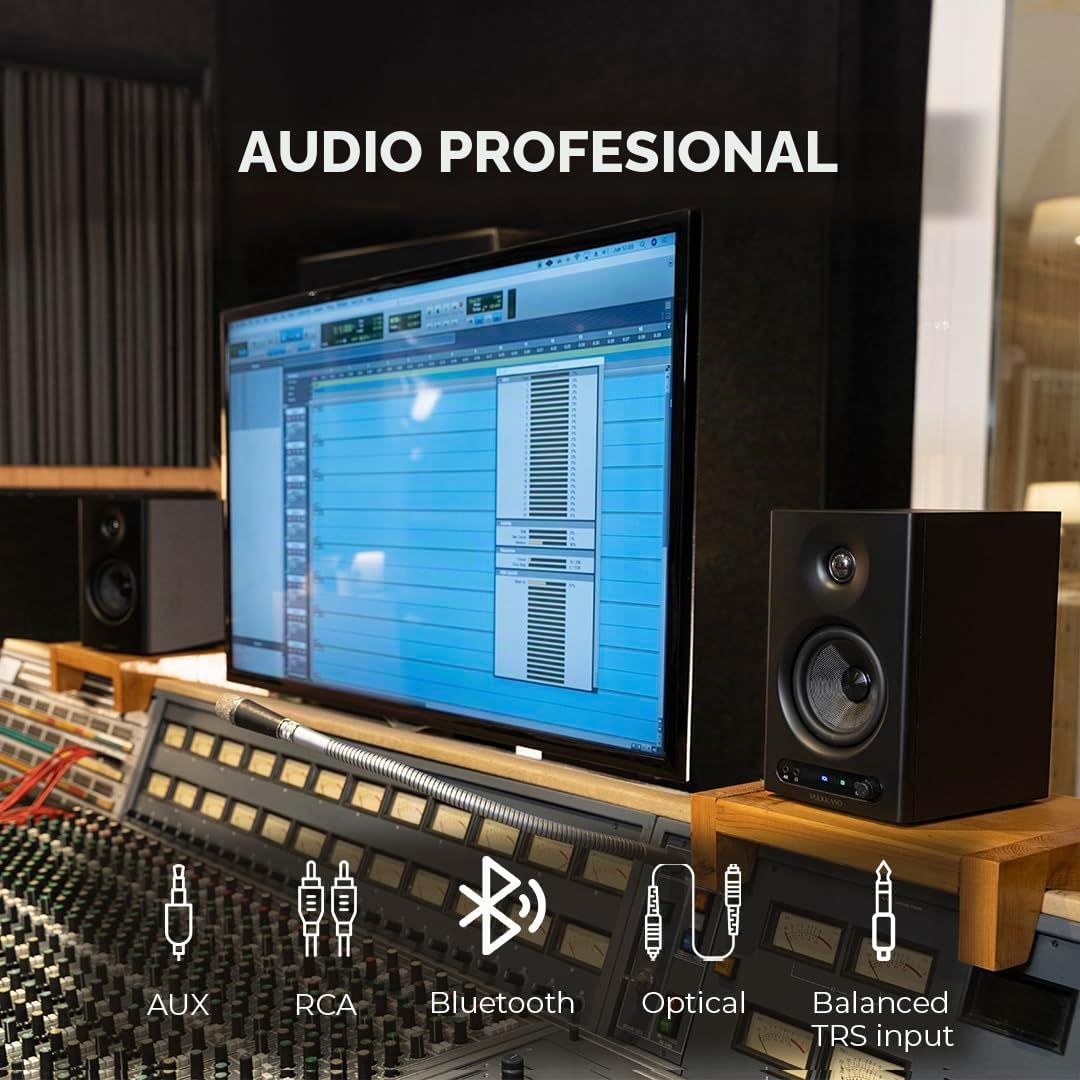 VULKKANO PRO4 - Altavoces para monitor de estudio con woofer de 4 pulgadas, Bluetooth, entrada TRS equilibrada, RCA, salida de auriculares, AUX, óptico, ajustes de ecualización, altavoces de monitor