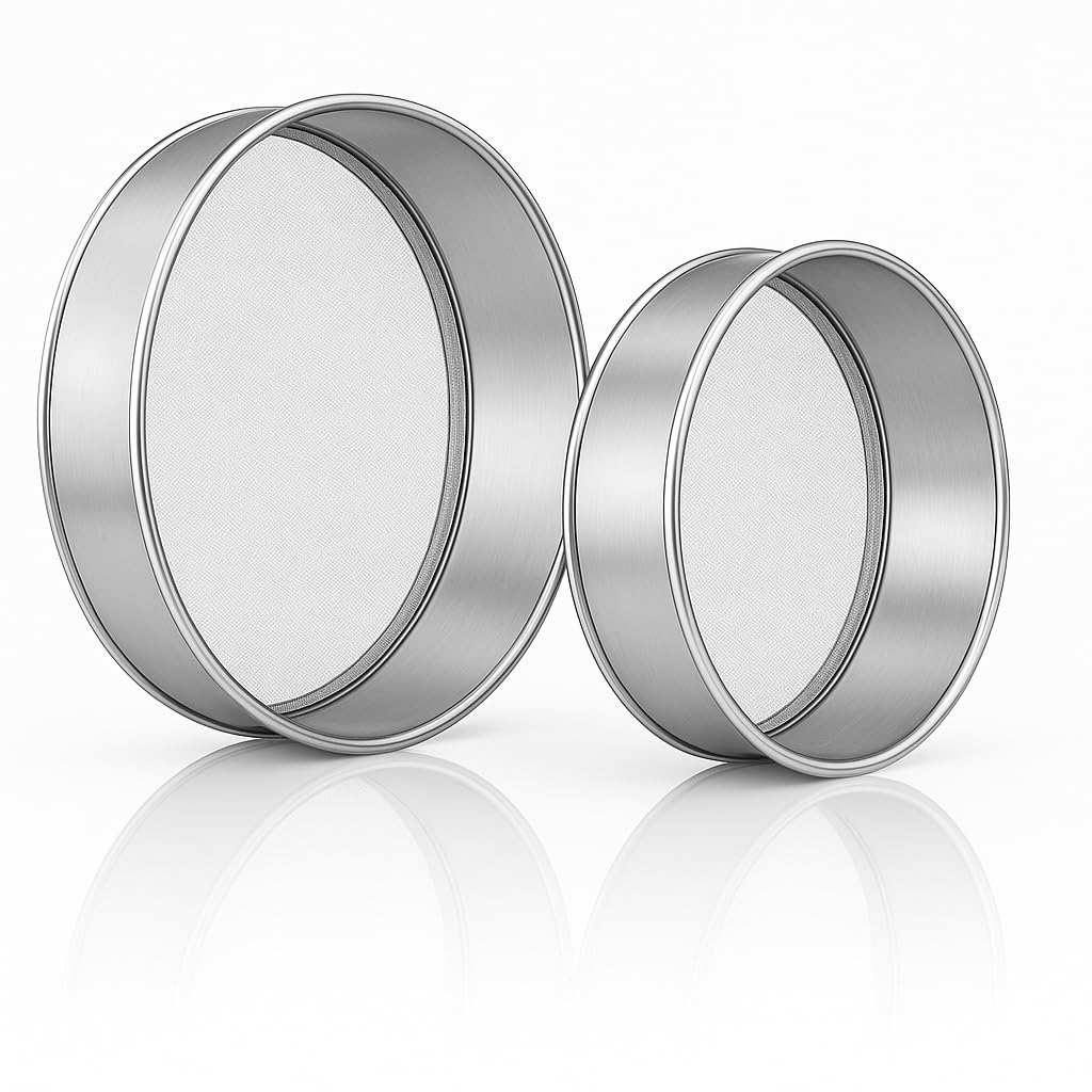 Stainless Steel Flour Sifters, Set of Fine Mesh Round Flour Sieves for Baking - 8" Diameter x 2.5" High and 9.5" Diameter x 2.5" High; Both 50 Mesh