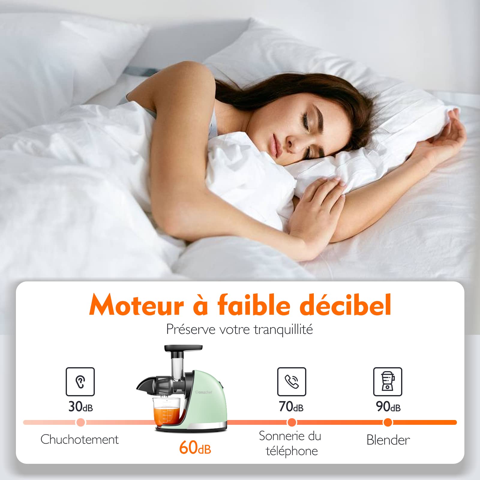 AMZCHEF Extracteur de Jus à Froid sans BPA 2 Tasses Brosse Fonction Mastication Inversée Vert
