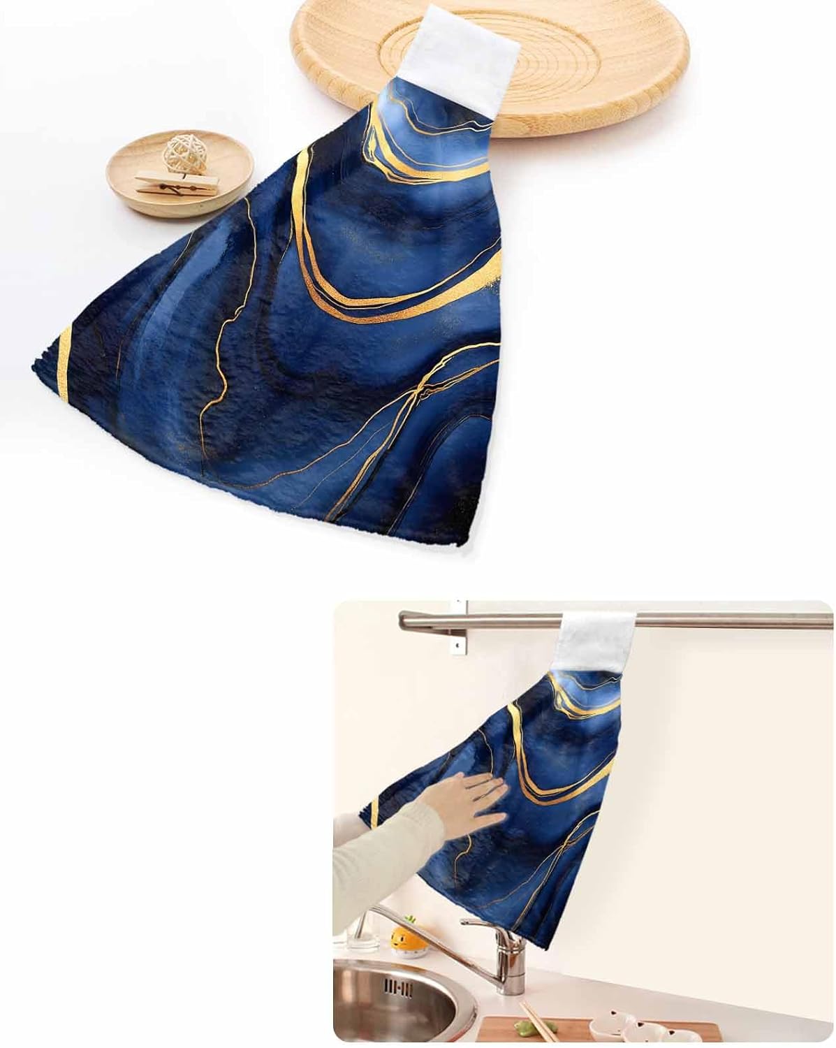 Marble Kitchen Hand Towels with Hanging Loops, Super Soft Thick Oven Fingertip Dry Microfiber Tie Dish Towel Absorbent Cleaning Washcloth for Bathroom, Kitchen Modern Navy Blue Abstract Gold