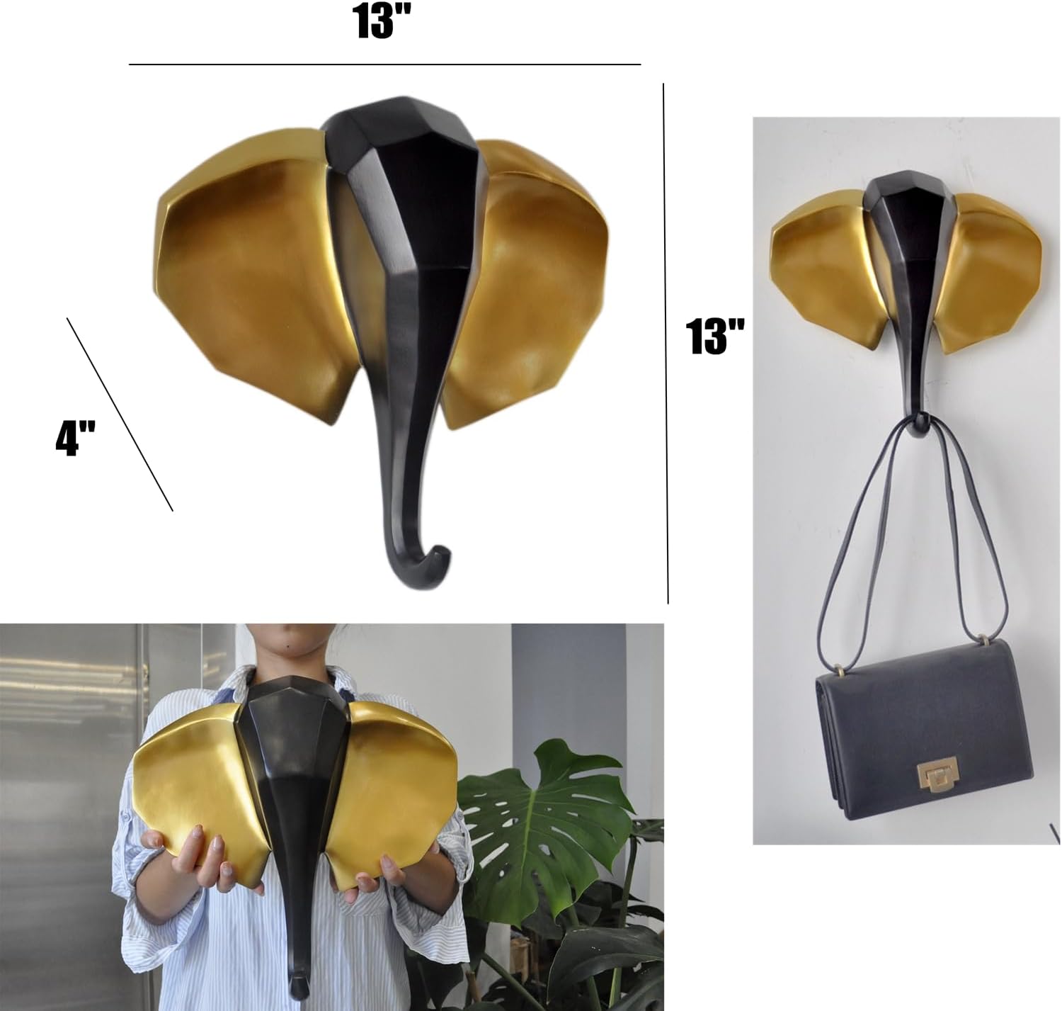 Gaklivdi Geometric Resin Elephant Head Wall Decor, Handmade Animal Wall Sculpture, Abstract Modern Elephant Head Wall Mount for Home Décor, Office, Bedroom, Living Room Wall Art (Black&Gold)