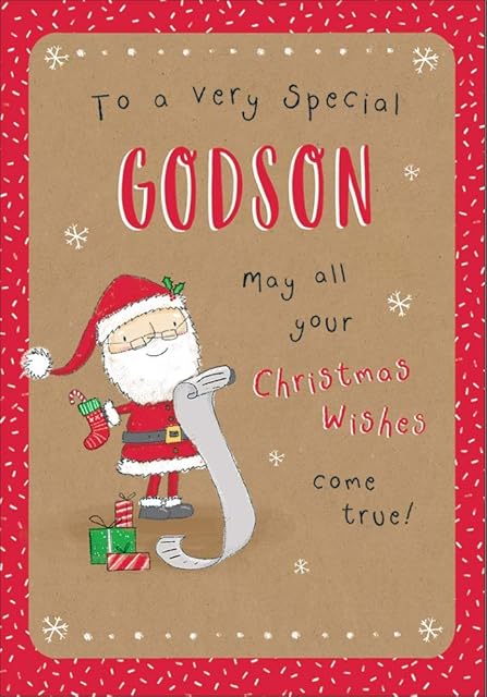 Piccadilly Greetings Character Christmas Card Godson,red|green|yellow|beige