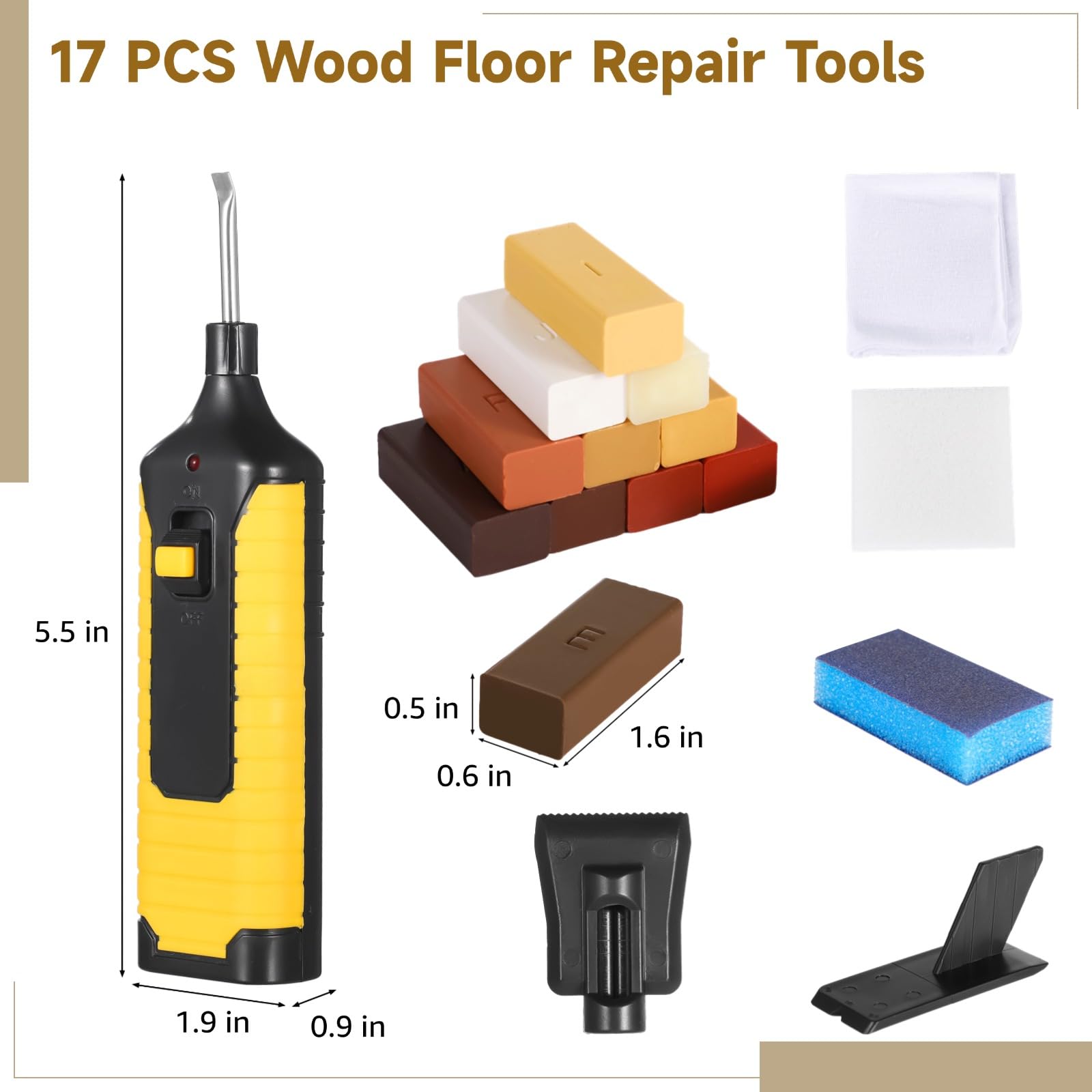 Colección de reparación de suelos de madera, aplicador de cera termofusible con 11 paquetes de colores de cera, herramientas de reparación para madera dura, laminado, superficies compuestas, fijación
