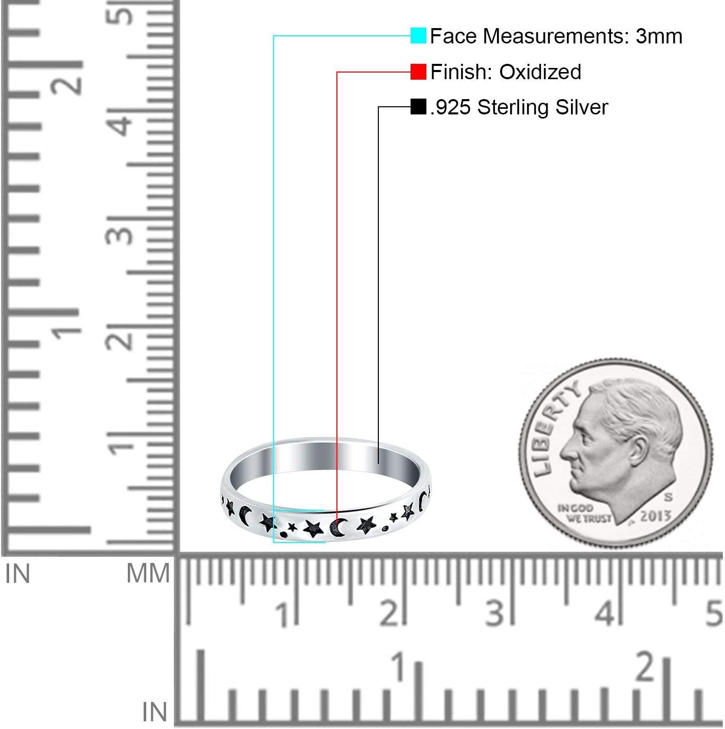 Blue Apple Co. Stars Moon Ring Band Solid Round 925 Sterling Silver