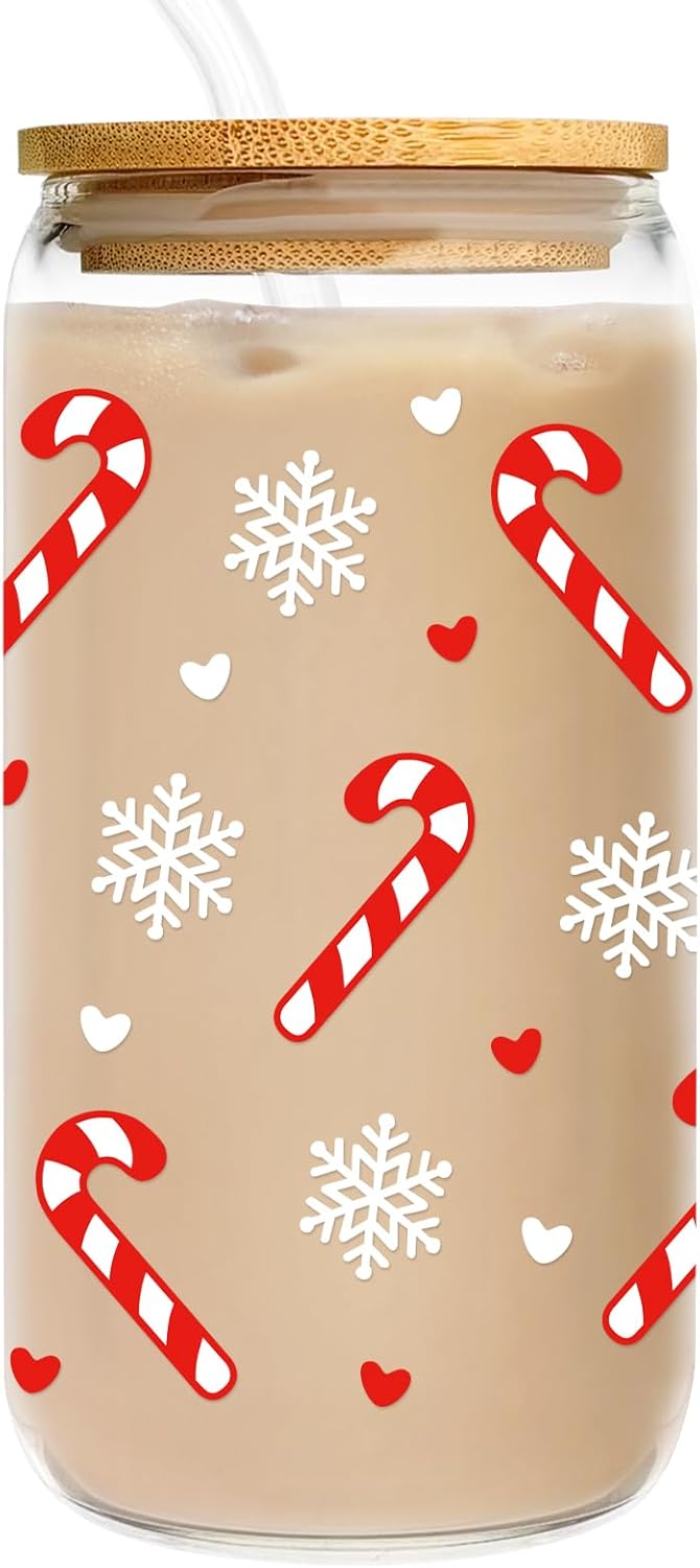 Christmas Gifts for Women - 16oz Candy Cane Glass Cup with Lid Straw - Christmas Coffee Cup for Her - Holiday GlassTumbler for Mom Sister Friend Coworker