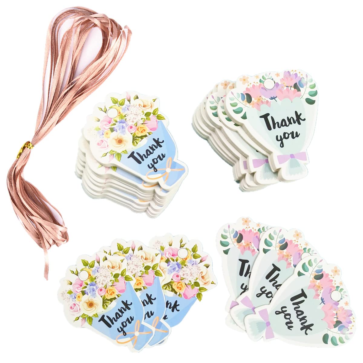 SamHeng 100 Mini Bouquet Hanging Tags with 10 Meters Decorative Ribbon, Handmade Flower Labels for Wedding Favors, Baby Showers, Birthday Parties & DIY Craft Projects