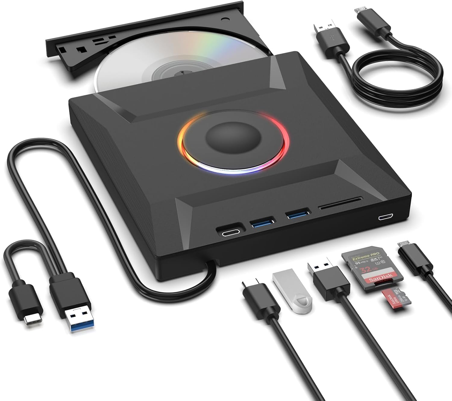 External CD DVD Drive,7 in 1 USB 3.0 and Type-C Disc Reader Writer Burner Player,Slim and Portable CD DVD +/-RW Optical Drive for PC Laptop Desktop MacBook Mac Windows Linux OS Apple (7 in 1) - Amazon product rated Grade B