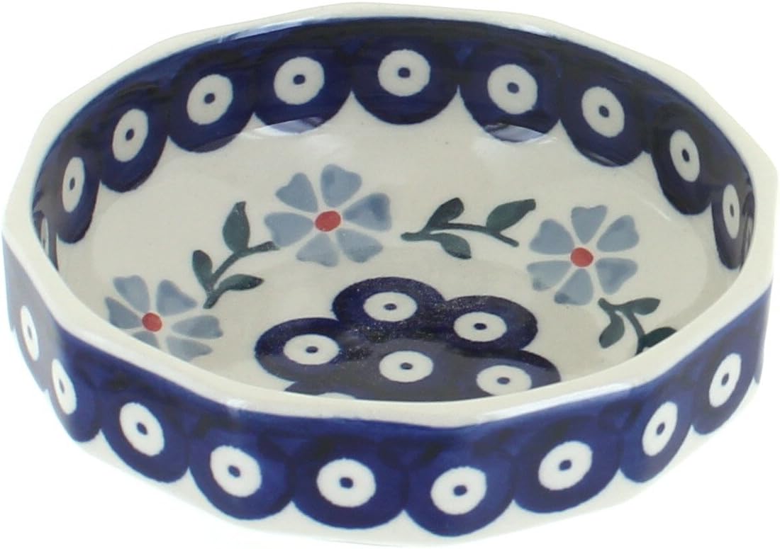 Blue Rose Polish Pottery - Green Periwinkle Small Angular Bowl - 5" Diameter - Unique Dish for Appetizers, Nuts, or Candy