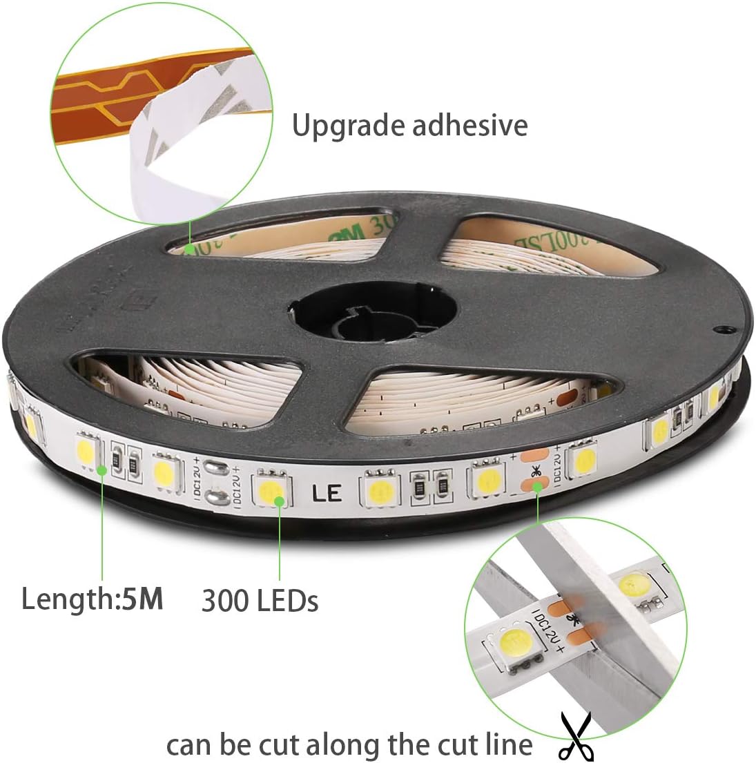 LE 16.4ft LED Strip Light, Super Bright, 300 LEDs SMD 5050, Non-Waterproof LED Tape, Flexible Rope Light for Home, Kitchen, Under Cabinet, Bedroom, 12V Power Supply Not Included, Daylight White