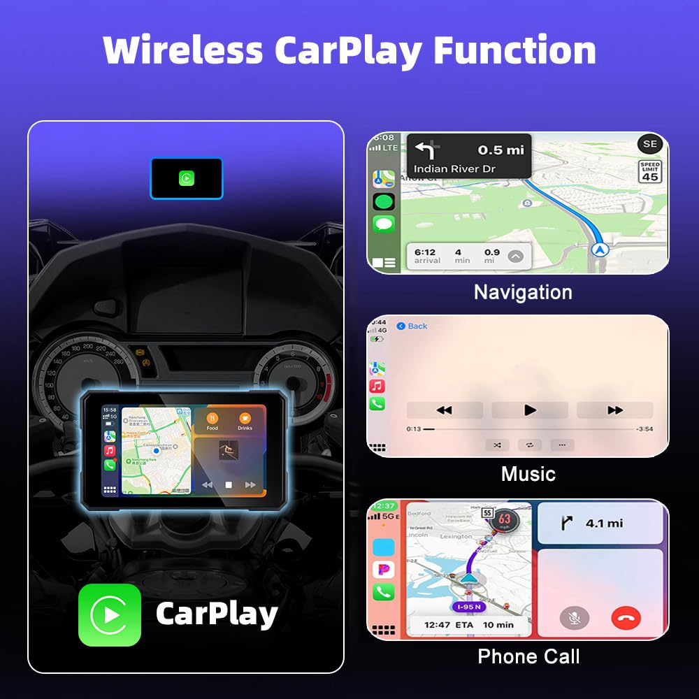 Écran CarPlay Moto pour Suzuki Intruder 400 2004-2016, 5″ Écran de Carplay de Moto Prend en Bluetooth Trans, Commande Vocale, IP67 Étanche,A-No Tire Pressure