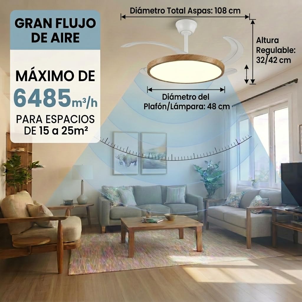 Lampara Techo con Ventilador | Ventilador Retractil Techo Silencioso | Aspas Plegables y Motor DC 30W Potente, 6 velocidades, Función Verano Invierno con temporizador | Luz LED 40W dimable (Madera)