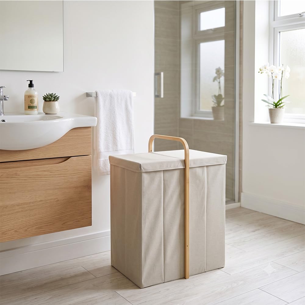 Cesta Portabiancheria Ordinet Pieghevole 2 Scomparti in tessuto con manico in Legno di Bambù, Cesto Lavanderia Salvaspazio con Coperchio per Giochi e Vestiti, L50xP36xH65cm, Beige