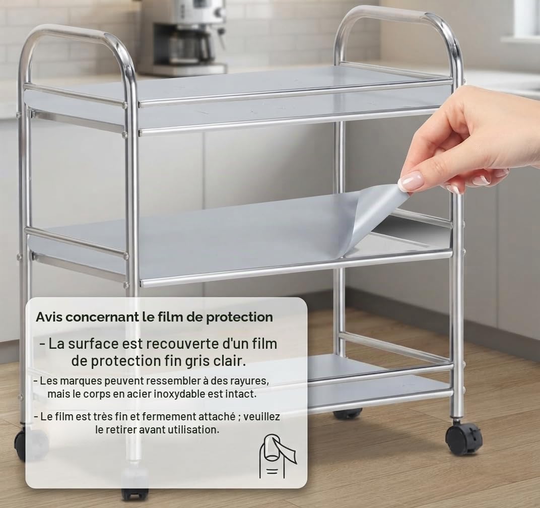Chariot Industriel INOX - 3 Niveaux avec Roues Freinées | Étagère Métallique pour Cuisine Professionnelle