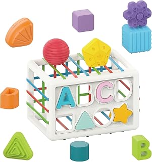 EARSOON Baby Shape Sorter Toys, Baby Sensory Box, Colorful Cube with Elastic Bands, Sensory Sorting Bin for Early Educational Toys for Babies and Toddlers, Baby toy for 18 months(14PCS)