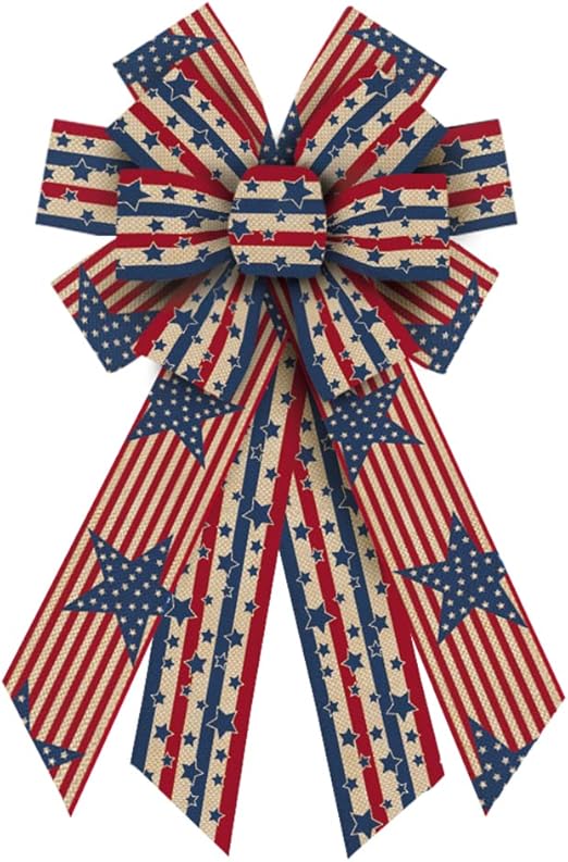 Large 4th of July Patriotic Bows for Wreath, Memorial Day Wreath Bows Blue Natural Burlap Bows American Stars Stripes Tree Topper Bows for Front Door Decorations Supplies