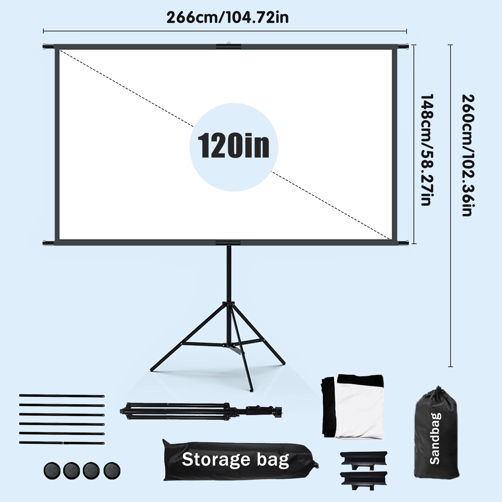 Schermo Proiettore 120 Pollici 4K, Telo Proiettore in Seta Latte Antirughe 16:9, Supporto a Parete e Treppiede, per Cinema Domestico Interno/Esterno
