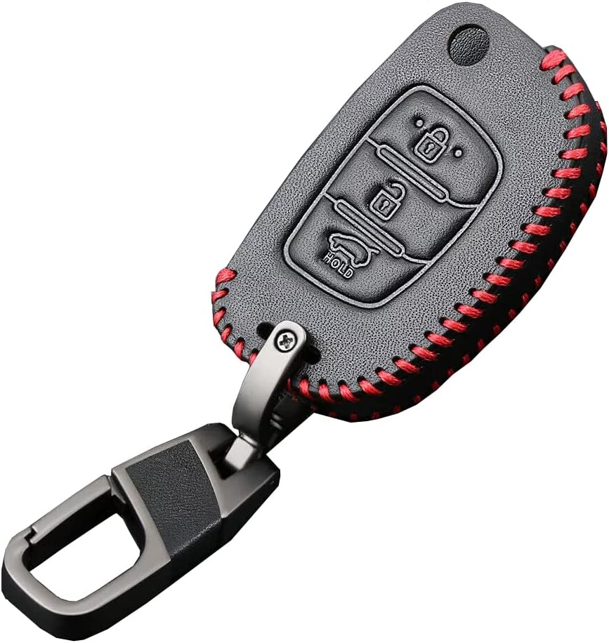 AUTOFRILL Leather Car Key Cover Compatible for Hyundai i20 Active | i20 Elite | Aura | Venue | Xcent | i10 Grand | i10 Nios 3 Button flip Key (Black) (Compare Key Shape & Key Blade Before Ordering)