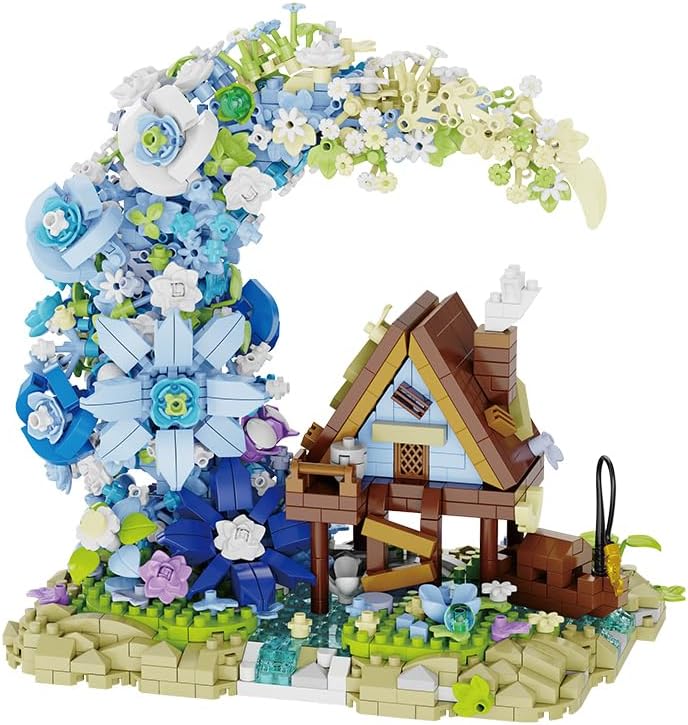 Moon Flower Mini Bricks Building Set ||1343 PCS || Fairy Crescent Moon Cabin & Blue Flower Bouquet Botanical Collection || (Complex,only for 14+) 6 Months constructional Warranty