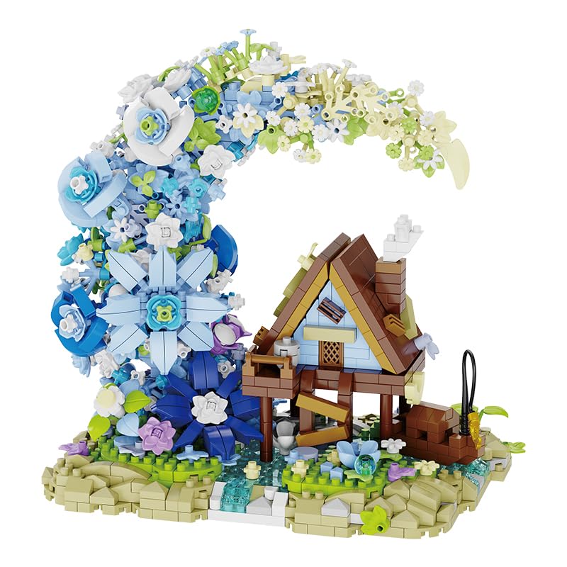 Moon Flower Mini Bricks Building Set ||1343 PCS || Fairy Crescent Moon Cabin & Blue Flower Bouquet Botanical Collection || 6 Months constructional Warranty