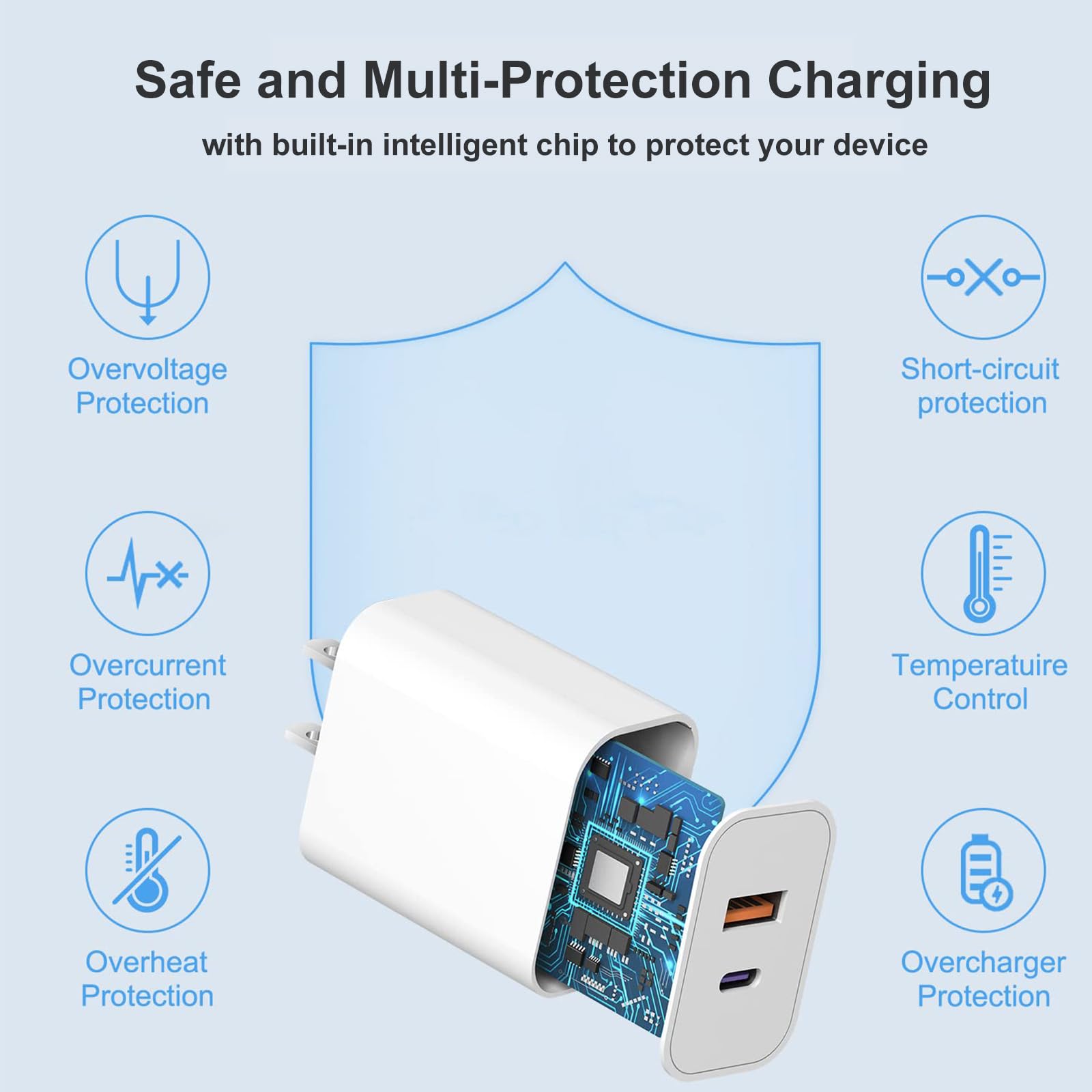 Cargador de pared USB C, [certificado Apple MFi] Cargador de iPhone de 10 pies de doble puerto de 20 W PD+QC3.0 adaptador de corriente de carga rápida con cable USB C a Lightning de 10 pies para