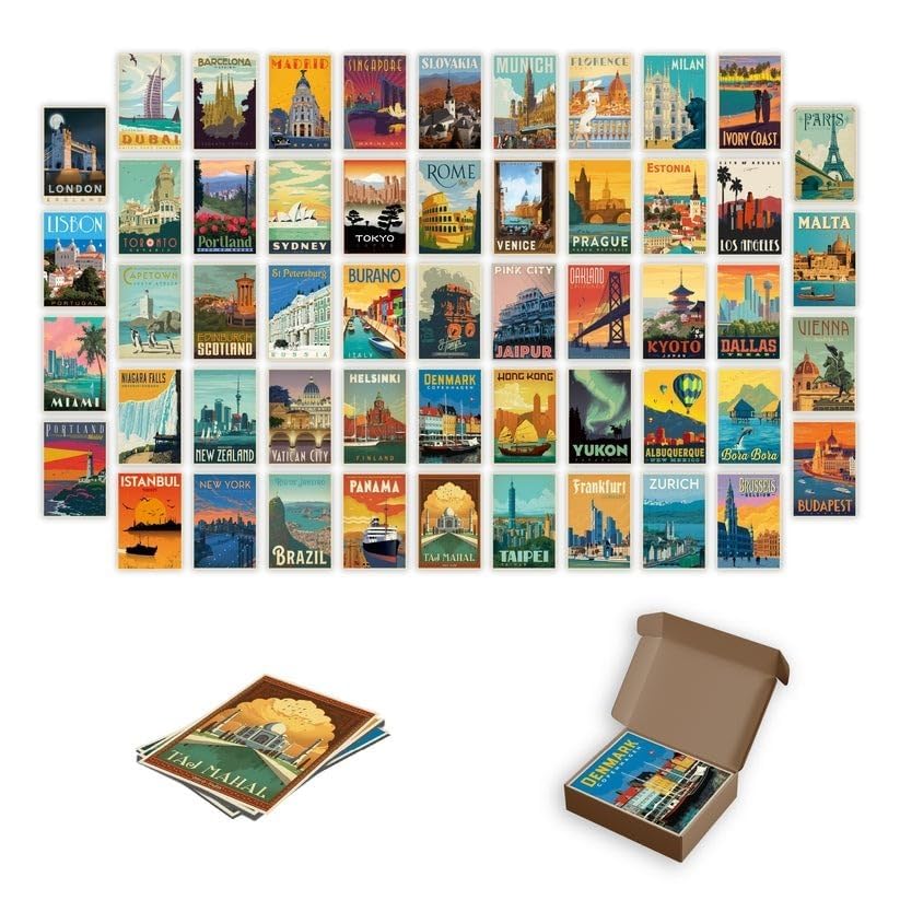 ATEVON Vintage City Travel Wall Collage Kit – Set of 54 Retro Destination Posters for Aesthetic Room Decor, Urban Landscape Art Prints for Bedroom Dorm Living Room and Studio Walls Deal