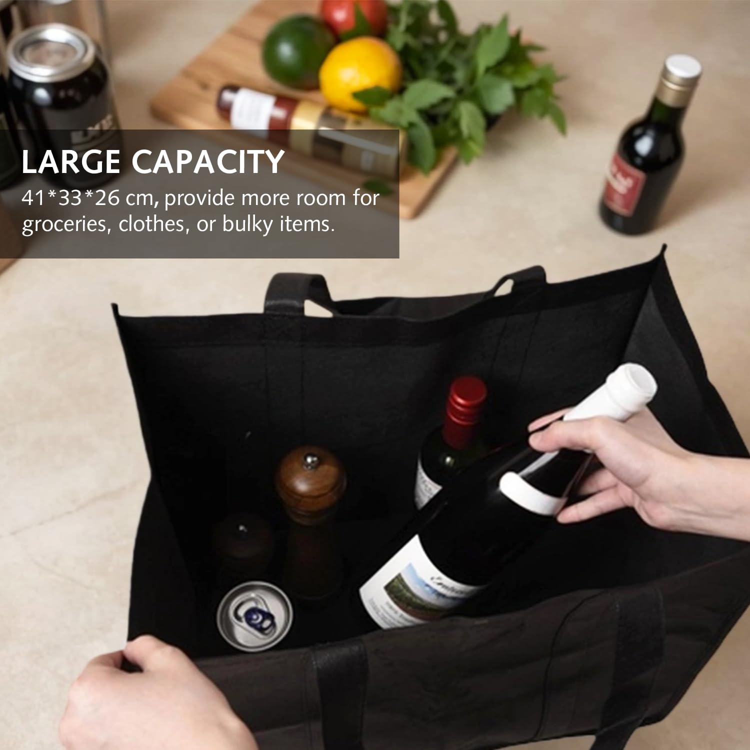 Luxiremi 2 Pcs Black Reusable Grocery Bags Shopping Bag Tote Bag with Handles Foldable Washable Stands Upright Reinforced Bag with Handle-Hold Extra Large & Durable for Daily Life Picnic - Image 3