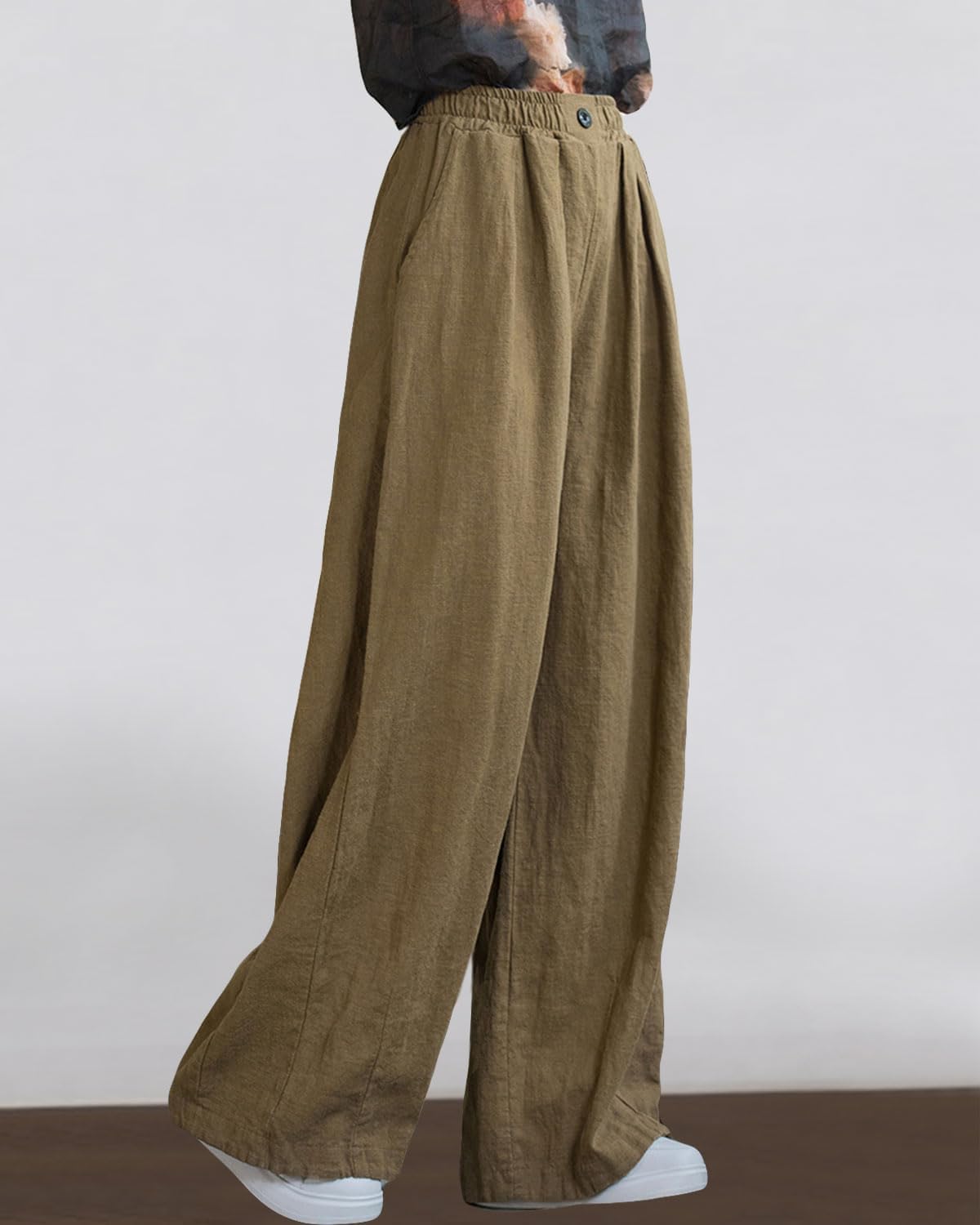Women's Linen Wide Leg Long Pants Casual Elastic Waist Summer Palazzo Trousers with Pockets - Image 4