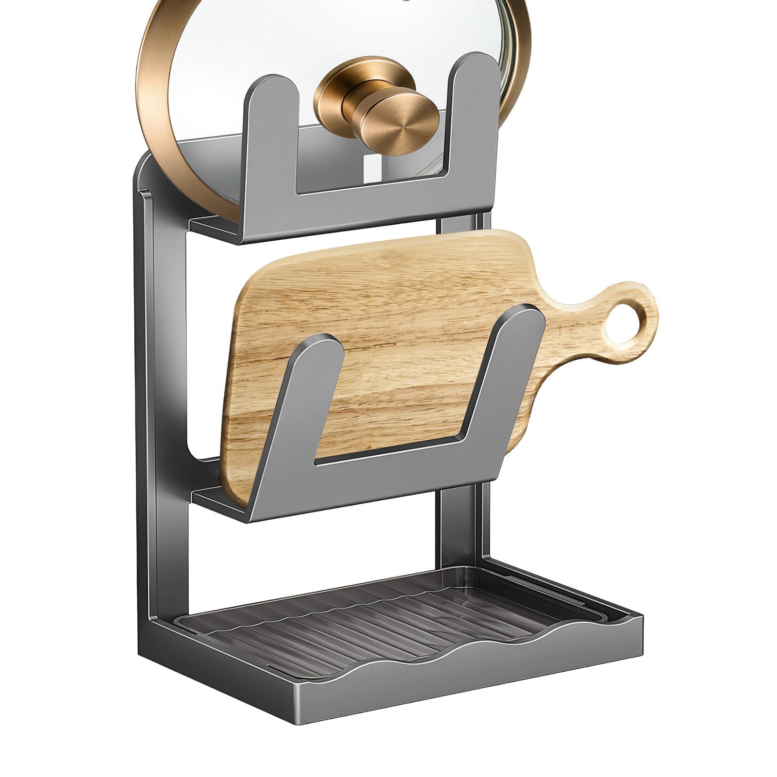 Soporte vertical para tapas de almacenamiento para el hogar, para ollas y sartenes, con bandeja de drenaje, estante de almacenamiento antideslizante, para armarios de cocina, comedores, despensa, plan