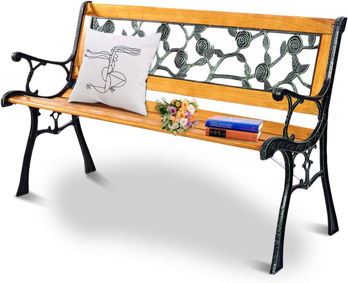 SFAREST 23 Seater Garden Bench, Outdoor Wooden Loveseat with Rose Style Design, Metal Slatted