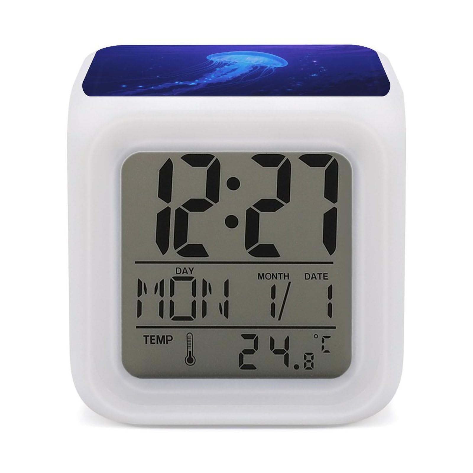 Reloj despertador de medusas azules digital con pantalla LED de temperatura