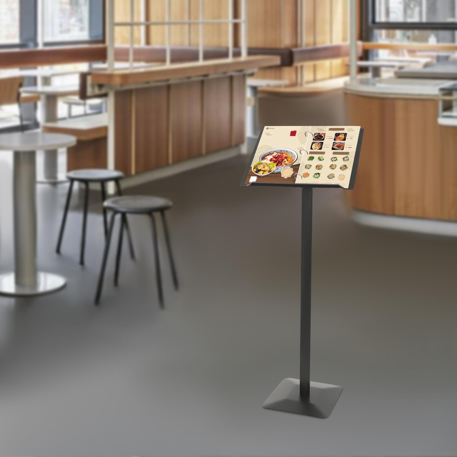 Soporte para menús, 32 x 28 cm, de metal negro, con anillas de 3 cm y ángulo de inclinación ajustable, altura de 115 cm, soporte de información