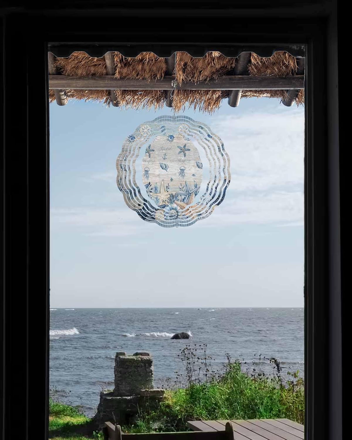 Blue Ocean Starfish Shell Wind Spinner for Garden Yard 3D Stainless Steel Hanging Wind Spinners, Summer Nautical Conch Jellyfish Spinners Outdoor Metal Decor for Lawn Patio Home