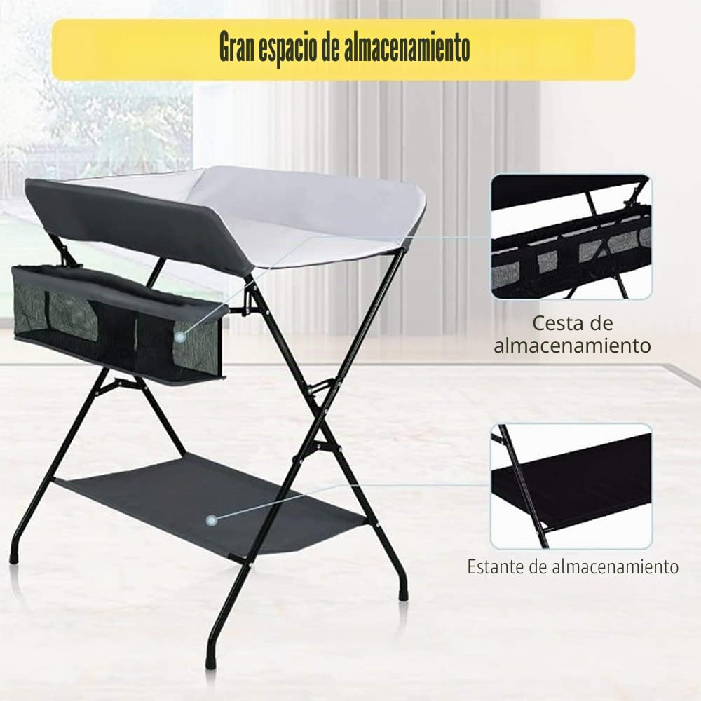 Mueble Cambiador Bebe Plegable y Portátil, Cambiador con 4 Ruedas, Patrón de Jirafa, Ajuste de Altura, 80 * 66 * 92-98cm (B-blanco roto)