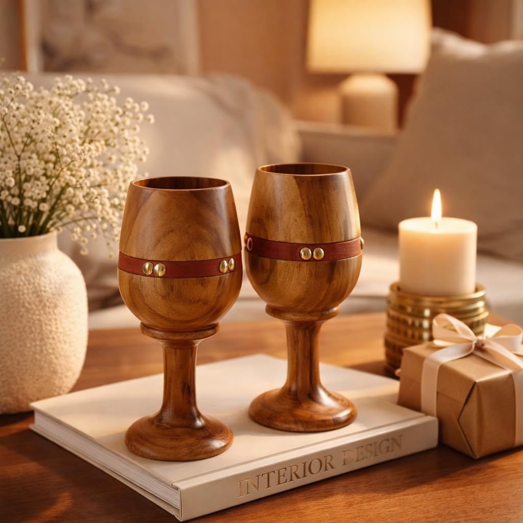 collectiblesBuy Vintage Wooden Wine Goblet Set of 2 with Leather Strap – Handmade Teak Wood Chalices Rustic Drinkware for Wine, Beer, Water & Bar Accessories