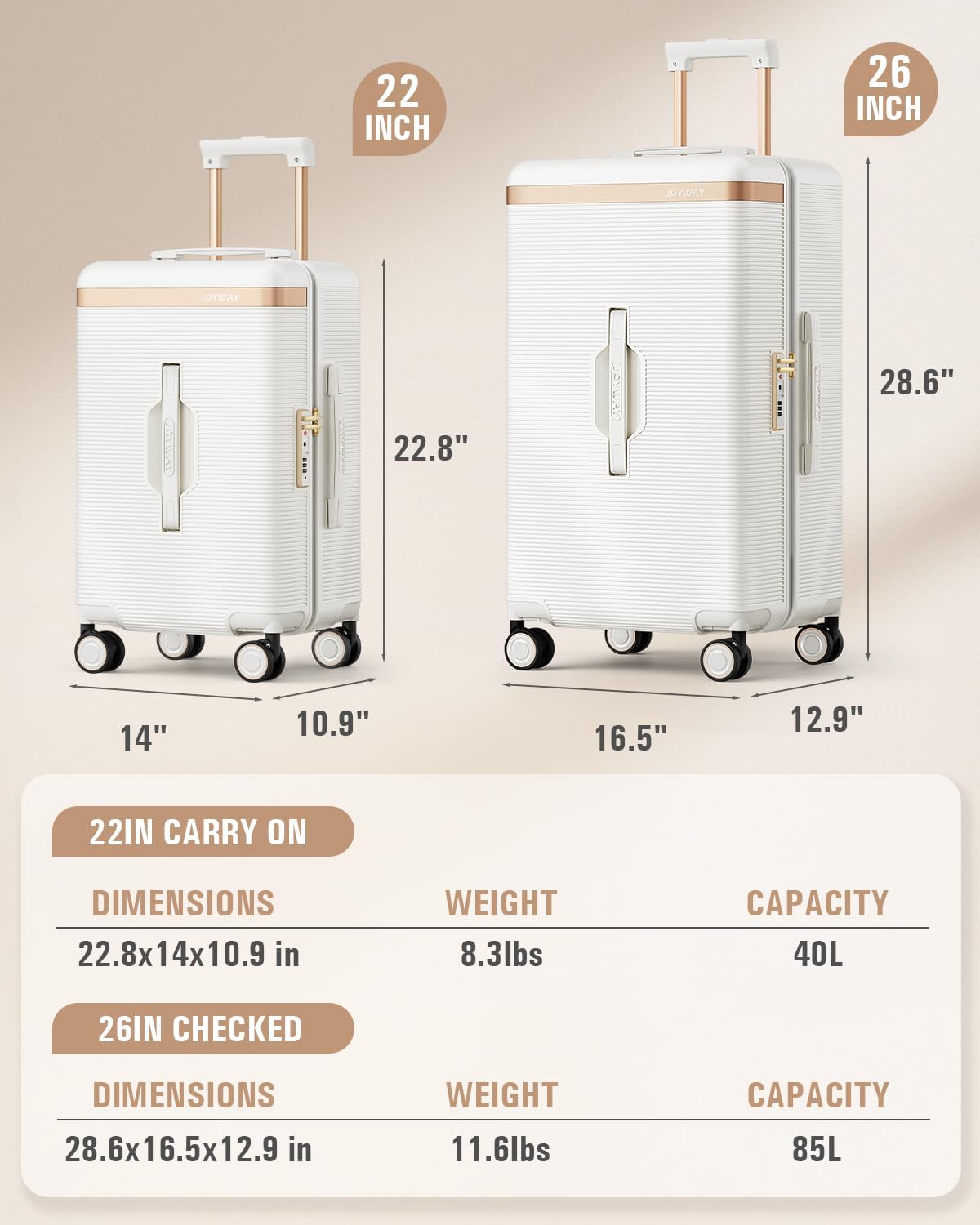 Joyway 22 Inch Carry on Luggage with Cup Holder, Hard Shell Suitcases with Shock Absorbing Spinner Wheels and Pressure-resistant Frame, Lightweight Carry-on Luggage with TSA Lock, Beige - Image 8