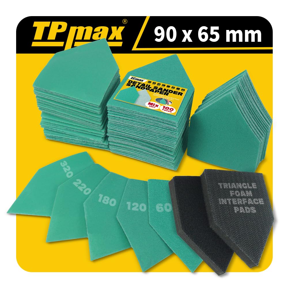 TPmax Detailschleifer-Set, 90 x 65 mm, kompatibel mit Milwaukee M12, Körnung 60/120/180/240/320 und 2 Schnittstellen-Pads, robuste Polyesterfolie mit Klettverschluss, 102 Stück