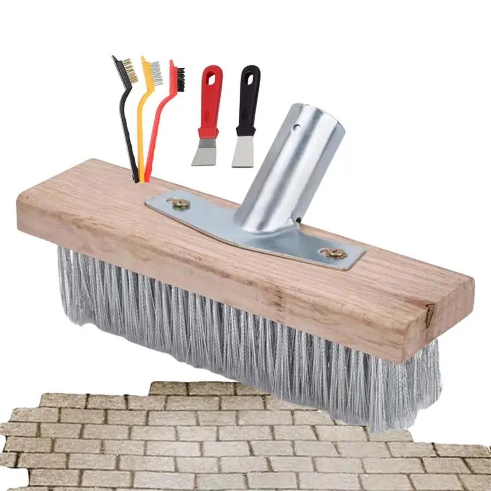 Besen mit Stiel Draußen Besen for den Außenbereich, robuster Stahlbesen for Reinigen, Metallbesen for Garten- und Terrassenbesen mit Holzgriff für Fliesen, Fugen, Bad, Terrasse, Garage(50cm)
