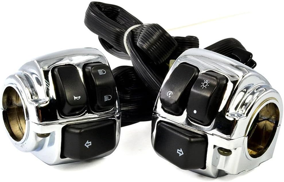 Chrome Motorcycle 1" Handlebar Control Switches with Wiring Harness Replacement for 1996-2012 Harley Softail Dyna Sportster V-Rod DC 12V Left + Right