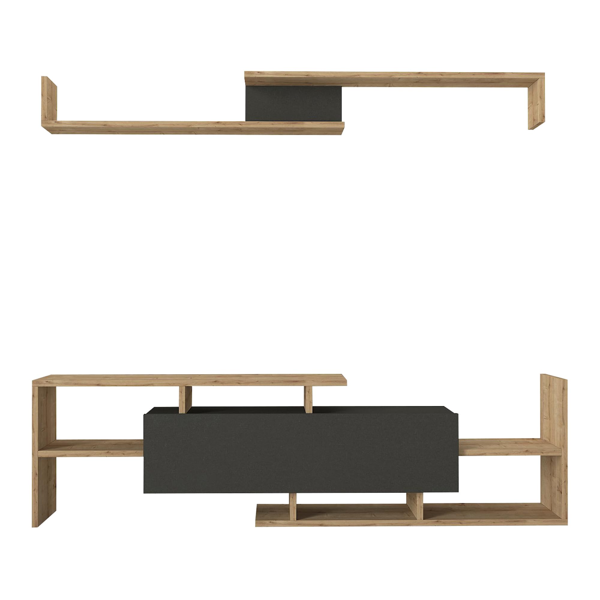 [en.casa] Juego de Muebles de Salón Liksefte Mesa para Televisor con Múltiples Compartimentos Estantes y 1 Puerta Mueble TV con Estantería de Pared Aglomerado 154x28x42cm - Efecto Roble Zafiro/Negro