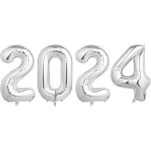 2024 Balloons, Large 40 Inch 2024 Silver Foil Number Balloons for 2024 New Year Eve Festival Party Supplies Birthday Decorations Anniversary Graduation Decorations Graduation Decorations